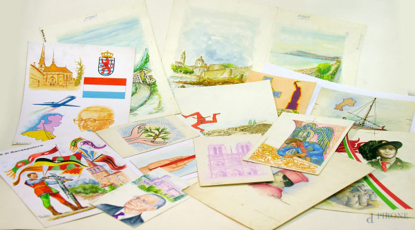 Cartella contenente 15 dipinti su carta di artisti vari e di diverse epoche e dimensioni   