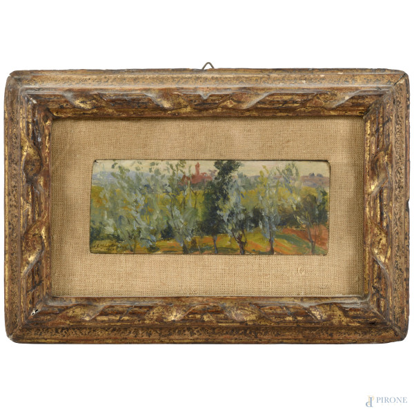 Guelfo Gherlinzoni (1906-1968), Scorcio campestre, olio su compensato, cm 6x16, firmato in basso a sinistra, entro cornice