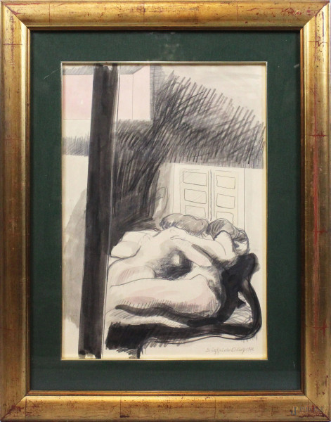 Sigfrido Oliva - Amanti, tecnica mista su carta , datato 1972,  cm 50x35, entro cornice