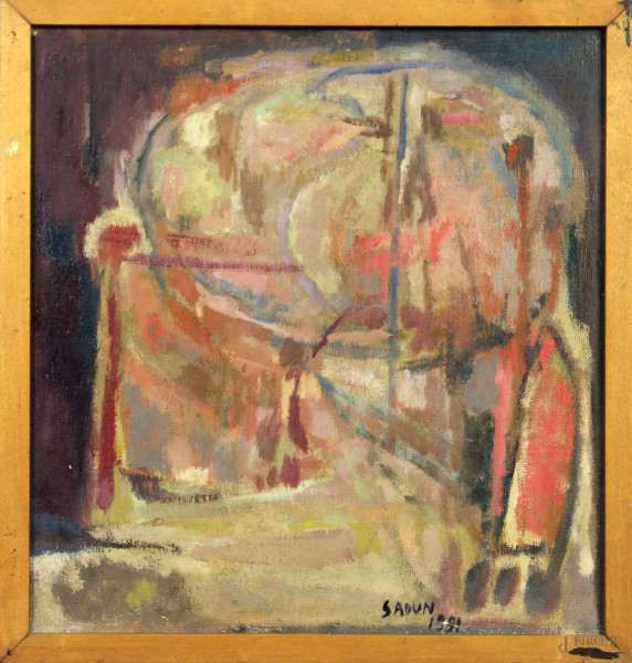 Piero Sadun - Senza titolo, olio su cartone, cm. 39,5x37,5, datato 1951, entro cornice.