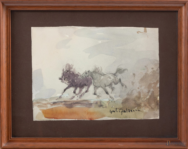 Giulio Falzoni, Cavalli in corsa, acquerello su carta, cm 18x24,5, firmato in basso a destra, entro cornice, (ondulazioni della carta)