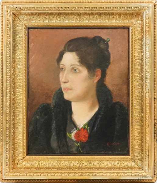 Ritratto di donna, olio su tela, cm 50x40, firmato, entro cornice.