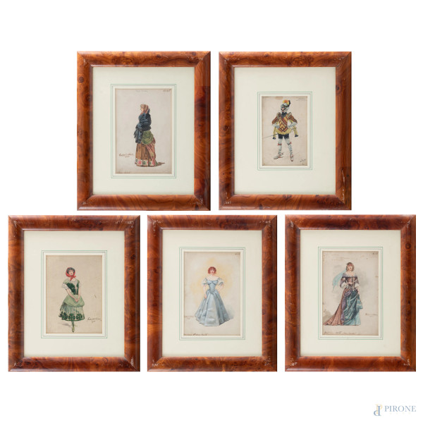 Lotto di cinque disegni a tecnica mista raffiguranti figure in costume: quattro firmati Herbert Norris (-1950), uno firmato JOB (1858-1931), inizi XX secolo, cm 40x31,5 compreso passepartout, entro cornice, (tracce di umidità, foxing, ossidazioni della carta, difetti)
