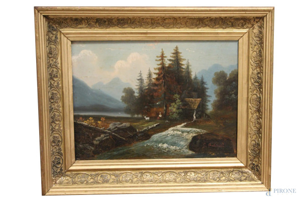 Paesaggio con casa e ruscello, olio su tavola, 23x31 cm, entro cornice firmato Falchetti