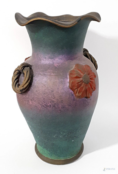 Grande vaso in terracotta smaltata policroma, altezza cm 50