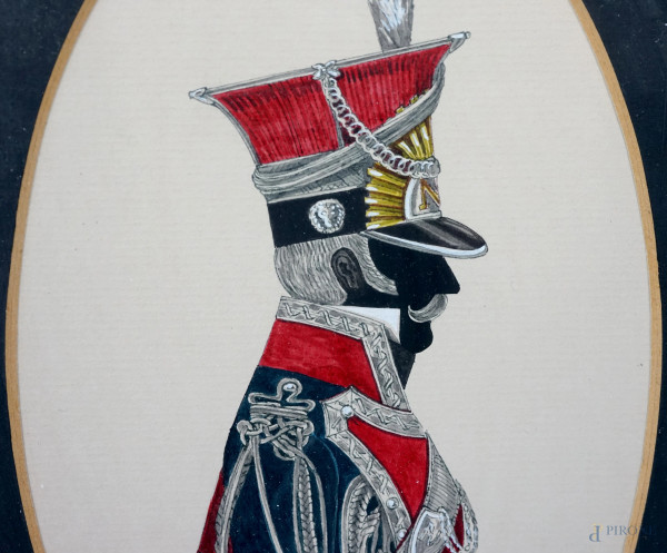 Lotto di otto silhouettes raffiguranti ufficiali in uniforme, acquerelli su carta ad assetto oval...