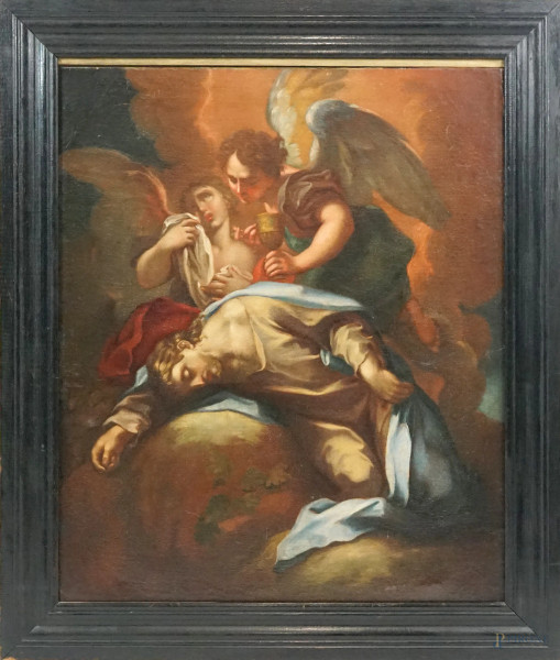 Cerchia di Antonio Balestra (Verona, 1666 – 1740), Cristo nel giardino del Getsemani con due angeli, olio su tela, cm 65x78, entro cornice