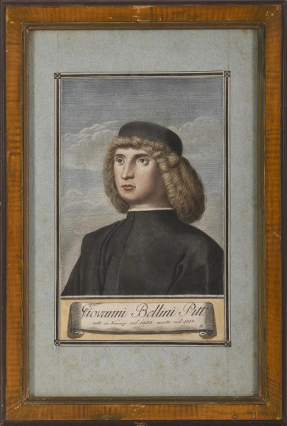 Lotto di 8 stampe con ritratti di artisti, XIX secolo, carta applicata su carta, cm totali 39x24,...