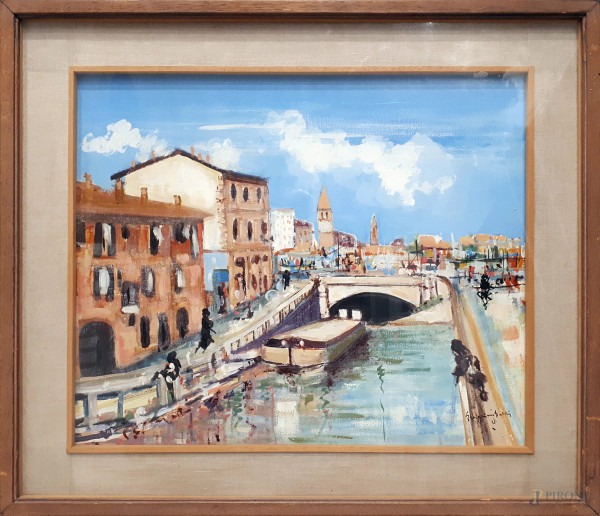 Artista del Novecento, Scorcio di canale a Venezia, olio su tela, cm 50x60, firmato in basso a destra