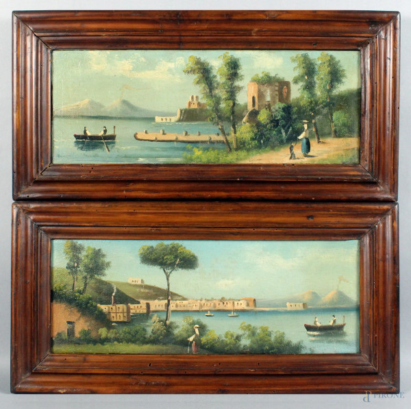 Coppia di vedute del Golfo di Napoli, olio su tela, cm. 15x40, primi '900, entro cornice.