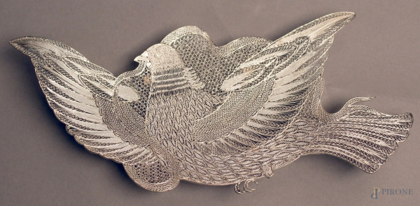 Centrino in argento filigranato, raffigurante colomba.