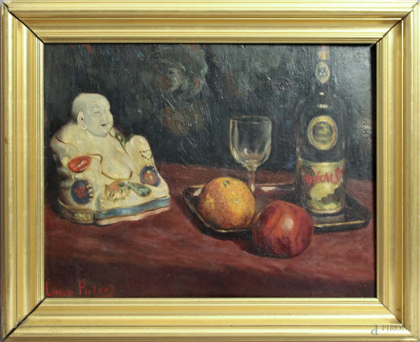 Natura morta, tavola con frutta e bottiglie, firmato, cm 35 x 44, entro cornice.