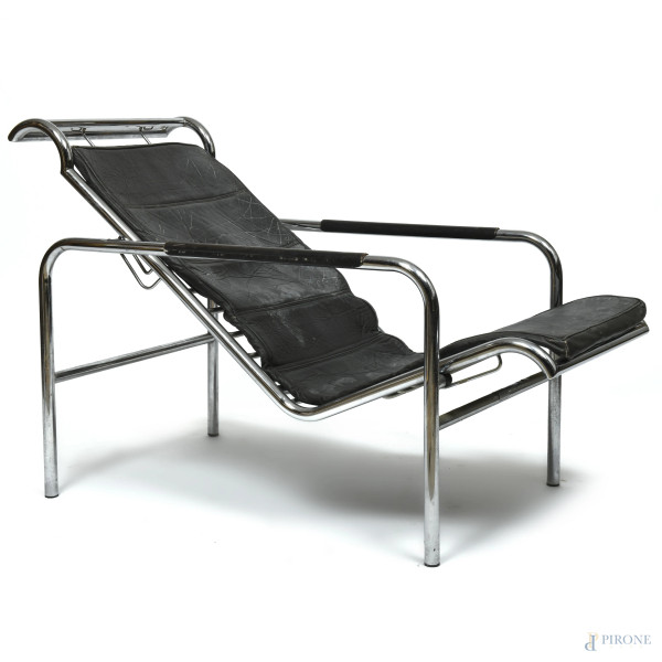 Chaiselongue Gabriele Mucci x Zanotta, cm 76x110x57, (segni di usura, imbottitura in pelle consunta, graffi, difetti)