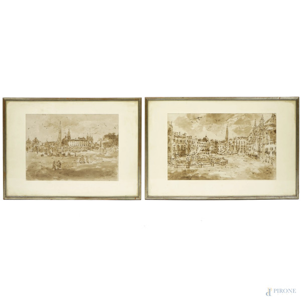 Lotto di due disegni rappresentanti la veduta di Piazza Navona e la veduta di Piazza del Popolo, XIX secolo, carta vergata con giglio misura max cm 37,5x58, entro cornici