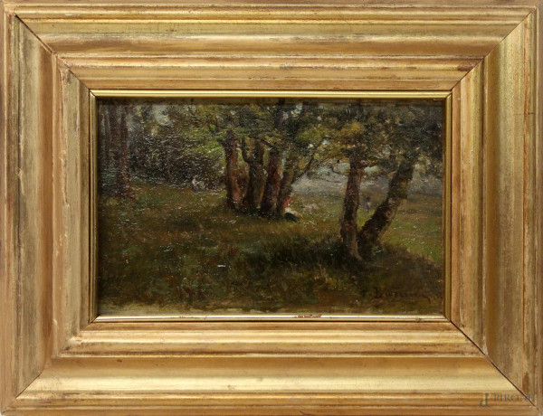Paesaggio boschivo con figure, olio su tavola, cm 10x16, firmato, entro cornice.
