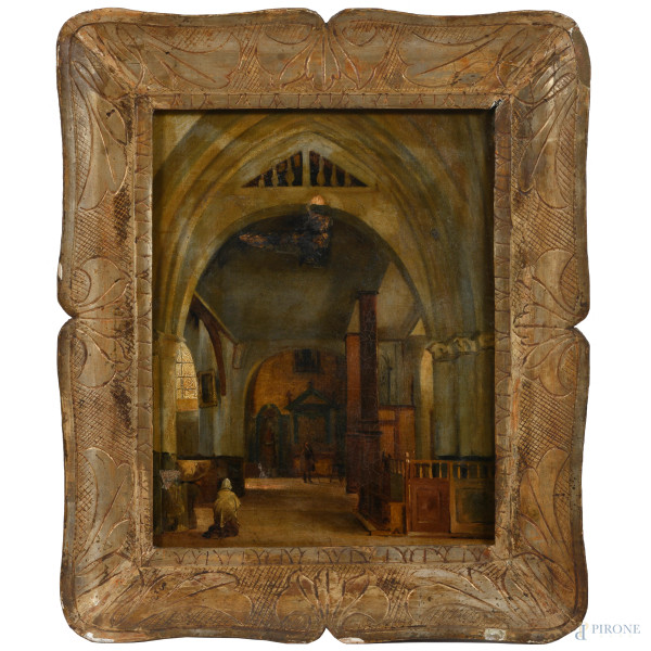 Coppia di interni di cattedrale, XIX secolo, olio su tela, cm 40x32,5, entro cornice, (difetti)