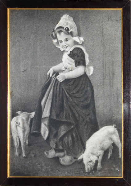 Fanciulla con porcellini, antica stampa, cm 54 x 39, entro cornice.