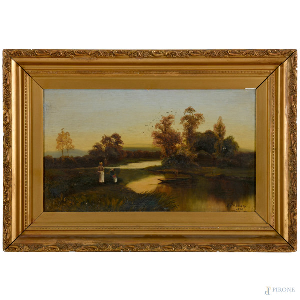 Paesaggio fluviale, olio su tela, cm 36x62, firmato e datato 1920 in basso a destra, entro cornice, (cadute di colore)