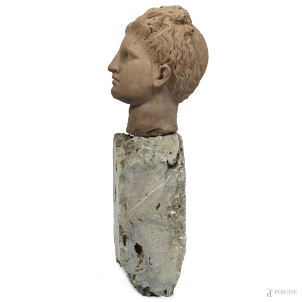 Testa virile in terracotta su base in pietra, XX secolo, altezza cm 82, (difetti, sbeccature, sca...