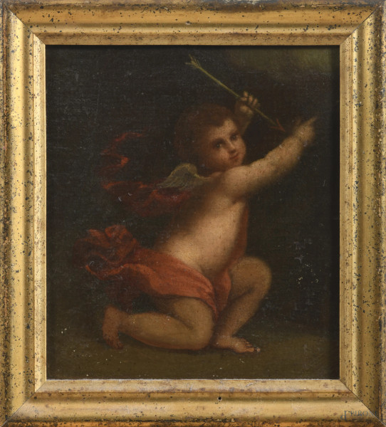 Amore, XVIII-XIX secolo, olio su tela, cm 25x22, entro cornice, (lievi segni di usura, piccola caduta di colore)