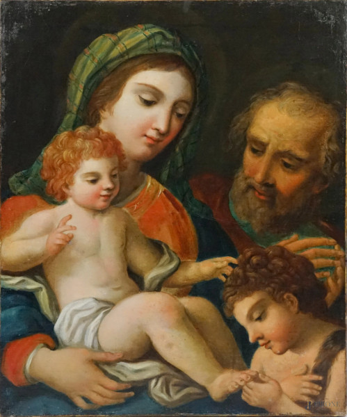 Scuola romana della fine XVIII secolo, Sacra famiglia, olio su tela, cm 57,5x47,5, (difetti).