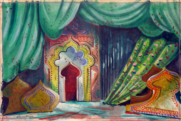 Aalim Petrov (XX°sec.) Studio per scenografia, tempera su carta, cm 27x19, firmato Aalim Petrov in caratteri cirillici 