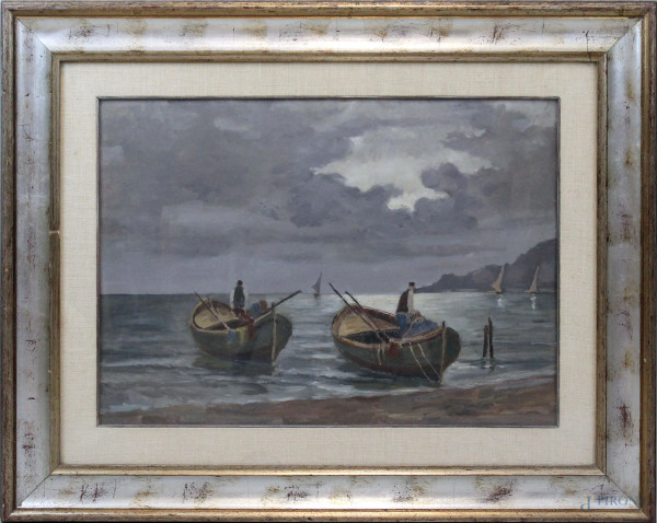 Marina con pescatori su barca, olio su tela, cm 70x50, entro cornice.