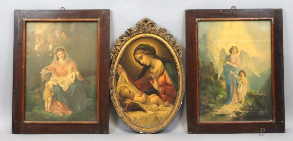 Lotto di tre oleografie del XIX secolo, raffiguranti soggetti religiosi, misure max cm 50,5x36,5, entro cornici, (difetti)