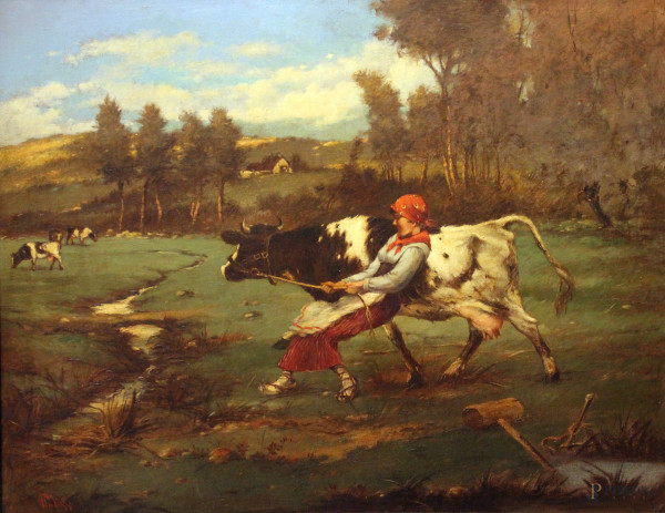 Paesaggio con contadina ed armenti, olio su tela, cm 72x92 entro cornice firmato Giuseppe Palizzi.