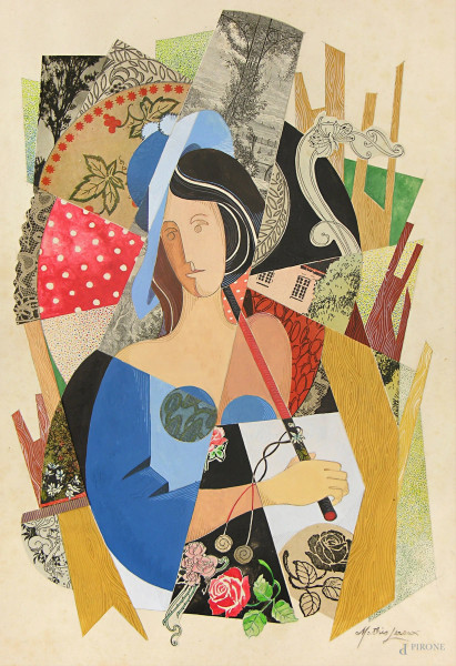 Composizione cubo-futurista con figura femminile, dipinto a tecnica mista su carta dell’artista Mathis Leroux (XX sec.), cm 46,5x32, firmato in basso a destra