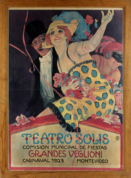 Teatro Solis/Comision Municipal de Fiestas/ Grandes Veglioni/ Carnaval 1923 Montevideo, riproduzione del manifesto teatrale, cm.64x44,5, XX secolo, in cornice.
