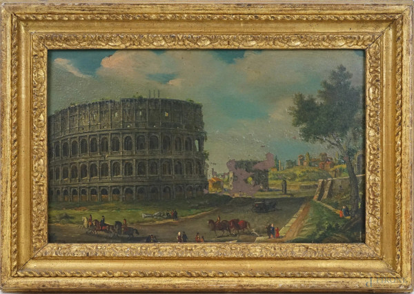 Scorcio sul Colosseo, olio su rame, cm 22,5x35,5, prima metà XX secolo, entro cornice, (cadute di colore).