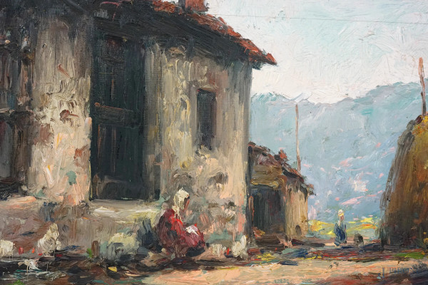 Scorci di fattoria, coppia di dipinti, cm 26x40,5 e cm 26x41, firmati e datati rispettivamente "4...