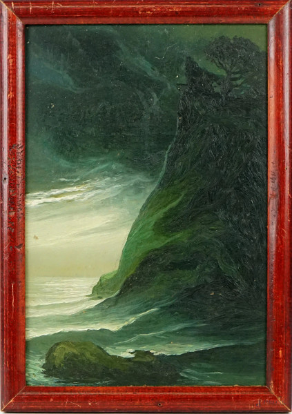 Scorcio di costa in tempesta, olio su tavola, cm 21,5x15, XX secolo, entro cornice.