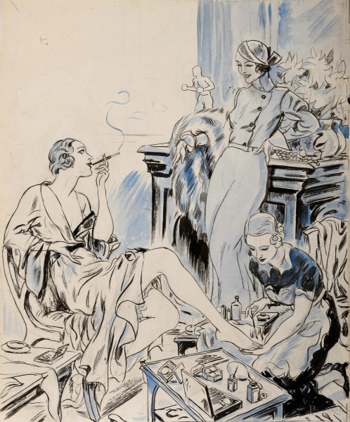 Luigi Bompard (1879 - 1953), La pedicure, tecnica mista su carta, cm 34x28, (lievi segni di usura del tempo)