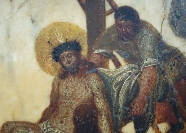 Scuola italiana del XVII secolo, Deposizione dalla Croce, olio su alabastro, cm 30,7x39, (difetti...