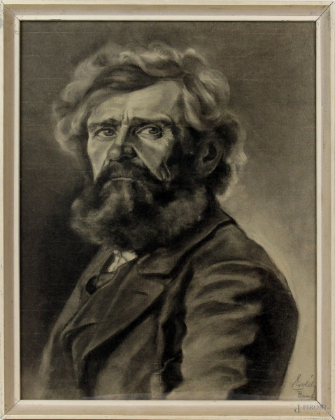 Ritratto d'uomo con barba, tecnica mista su carta, cm 46x36, firmato,entro cornice.