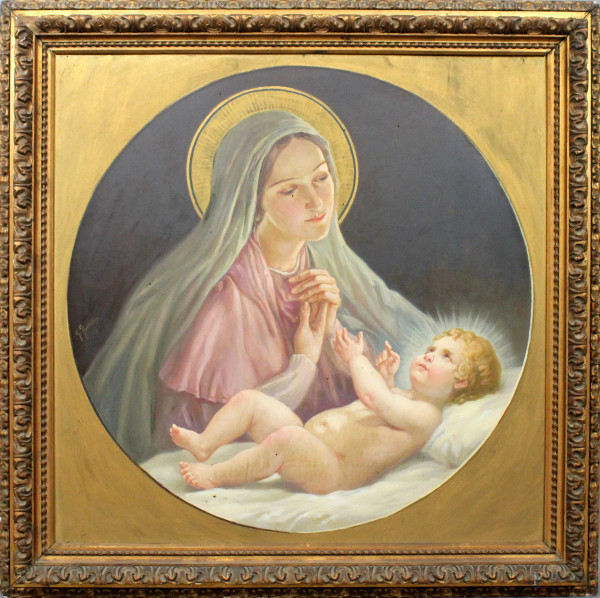 Madonna con Bambino, olio su tavola, cm. 80x80, firmato G. Francisi (XIX-XX secolo), entro cornice, (piccoli difetti).