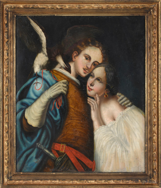 Gli amanti, olio su tela, XIX-XX secolo, cm 76x63, entro cornice, (difetti)