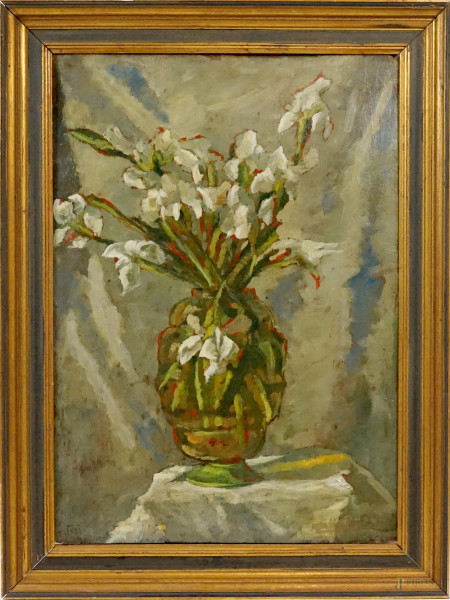 Vaso di fiori, olio su compensato, cm 76x54,5, firmato Tosi, entro cornice, (difetti).