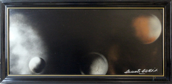 Toni Donati Doria - Pianeti, acrilico su cartone, cm. 31x71, entro cornice.