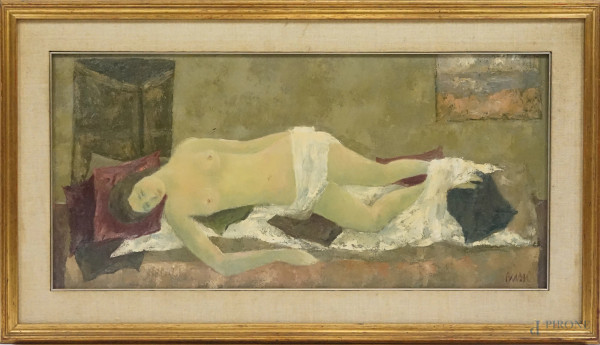Nudo di donna, olio su tela, firmato Bussi, cm 35,5x75, entro cornice