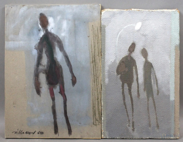 Franco Villoresi - Due dipinti raffiguranti personaggi, olio su tela e carta applicata su tela, misure max cm. 42x30