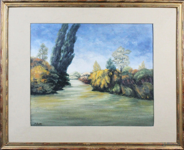 Paesaggio fluviale, olio su cartone, cm 40x47, firmato Silietti, entro conice