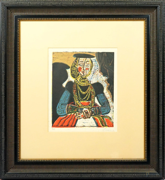 Pablo Picasso - Busto di donna da Cranach il Giovane, linolegorafia, cm 30x24,5, esemplare H.C., entro cornice, (macchie).