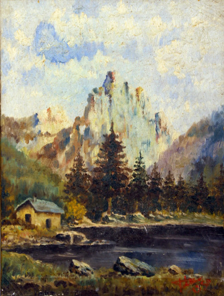 Paesaggio montano con lago, olio su tela, cm. 45x34,5, firmato.