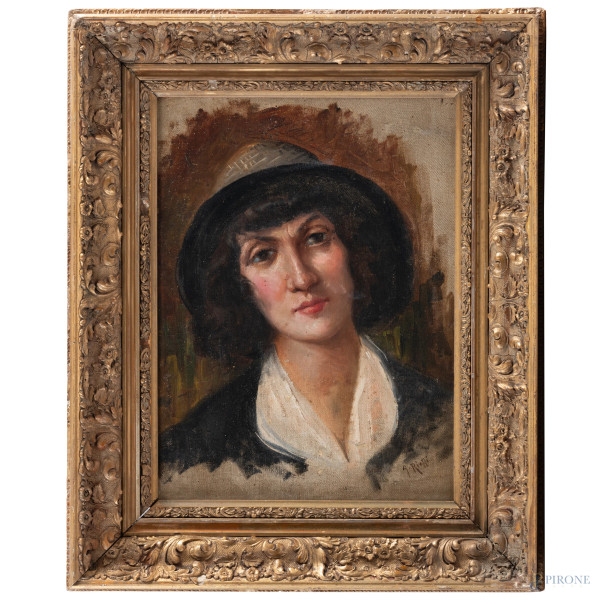 Ritratto di donna con cappello, XX secolo, olio su tela, cm 30x40, firmato in basso a destra, entro cornice, (segni di usura, abrasioni, lacerazioni)