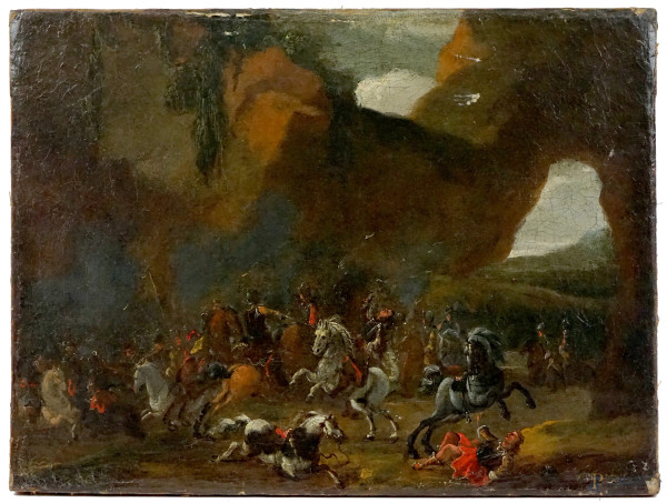 Pittore del XVII-XVIII secolo, Scena di battaglia, olio su tela, cm 34x45,5, (difetti).