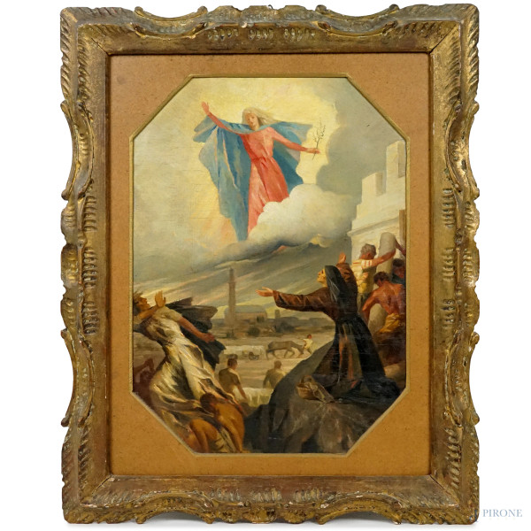 Attr. a Giuseppe Modolo (1913-1987), bozzetto raffigurante l'apparizione della Vergine, olio su tavola, cm 50x38,5, entro cornice