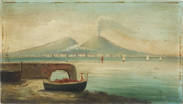 Scorcio del Golfo di Napoli, olio su compensato, cm 20x35, XX secolo, (difetti).
